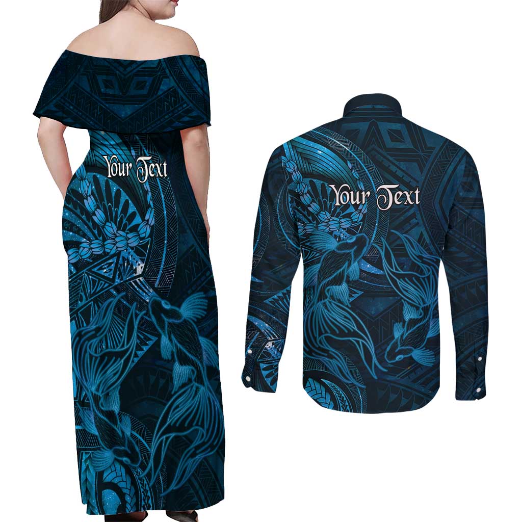 Personalised Polynesia Zodiac Pisces Couples Matching Off Shoulder Maxi Dress and Long Sleeve Button Shirt Galaxy Polynesian Pattern Chest Tattoo Style