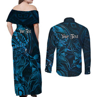 Personalised Polynesia Zodiac Pisces Couples Matching Off Shoulder Maxi Dress and Long Sleeve Button Shirt Galaxy Polynesian Pattern Chest Tattoo Style