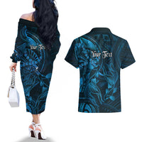 Personalised Polynesia Zodiac Pisces Couples Matching Off The Shoulder Long Sleeve Dress and Hawaiian Shirt Galaxy Polynesian Pattern Chest Tattoo Style