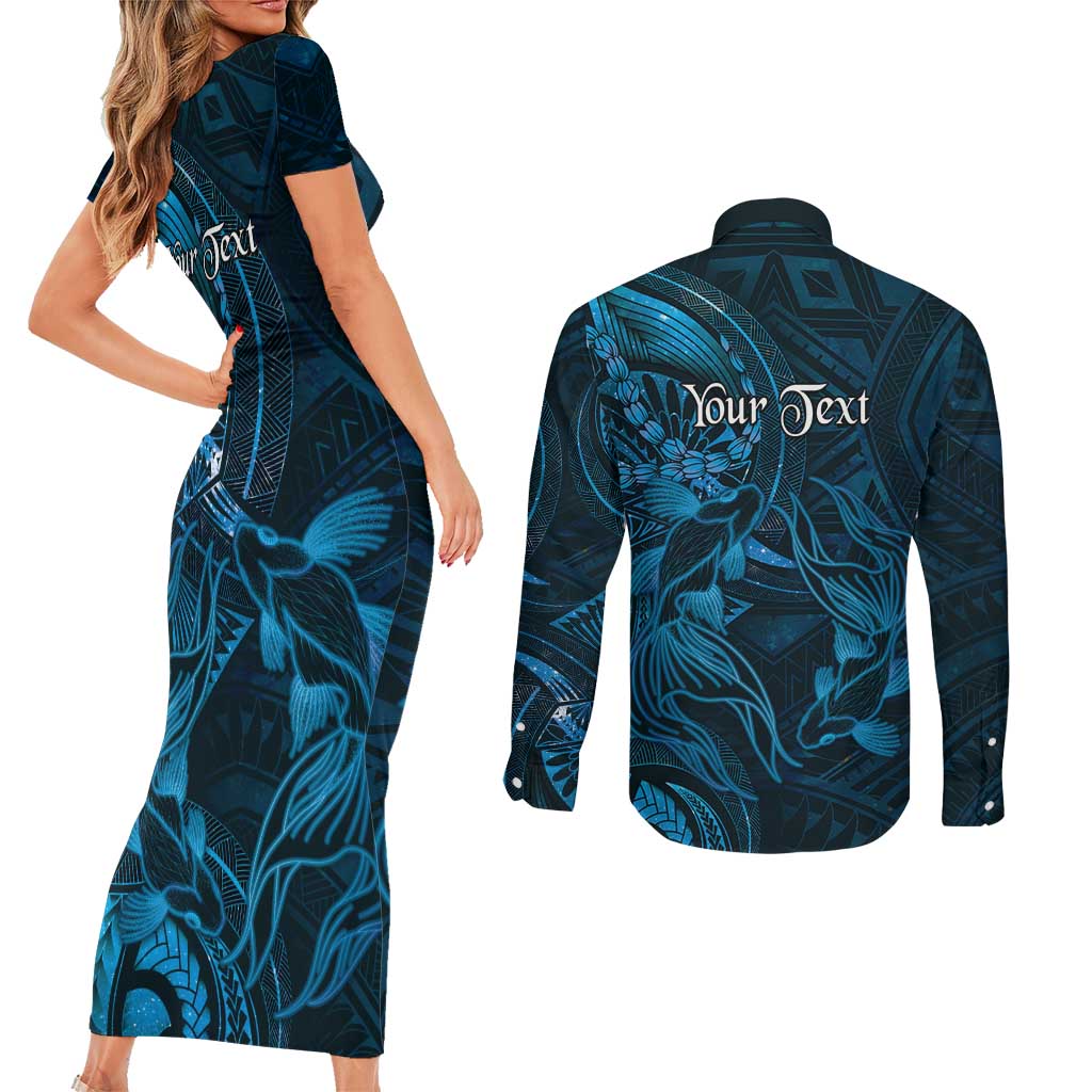 Personalised Polynesia Zodiac Pisces Couples Matching Short Sleeve Bodycon Dress and Long Sleeve Button Shirt Galaxy Polynesian Pattern Chest Tattoo Style