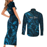 Personalised Polynesia Zodiac Pisces Couples Matching Short Sleeve Bodycon Dress and Long Sleeve Button Shirt Galaxy Polynesian Pattern Chest Tattoo Style