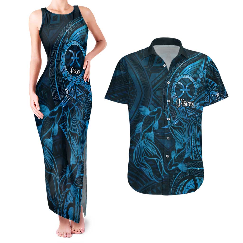 Personalised Polynesia Zodiac Pisces Couples Matching Tank Maxi Dress and Hawaiian Shirt Galaxy Polynesian Pattern Chest Tattoo Style