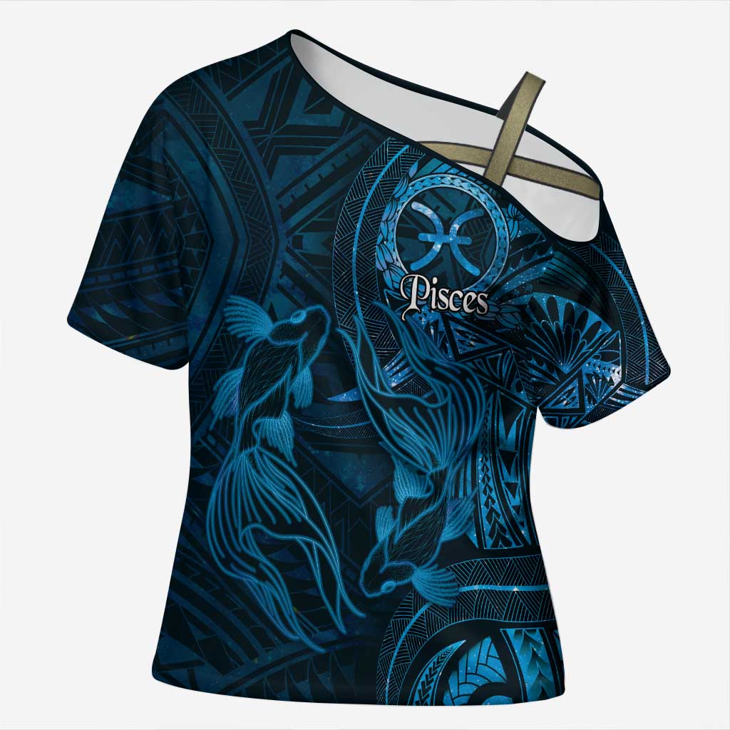 Personalised Polynesia Zodiac Pisces Cross Shoulder Shirt Galaxy Polynesian Pattern Chest Tattoo Style
