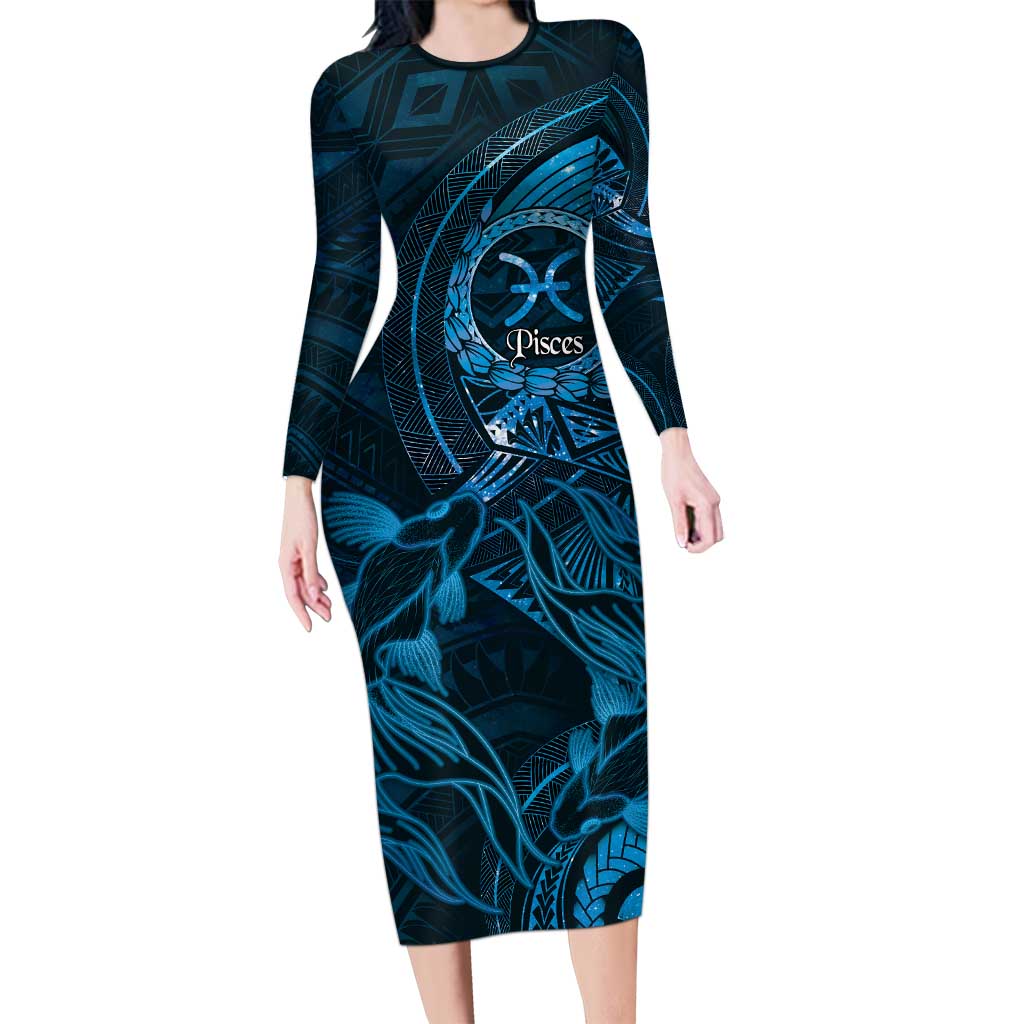 Personalised Polynesia Zodiac Pisces Family Matching Long Sleeve Bodycon Dress and Hawaiian Shirt Galaxy Polynesian Pattern Chest Tattoo Style