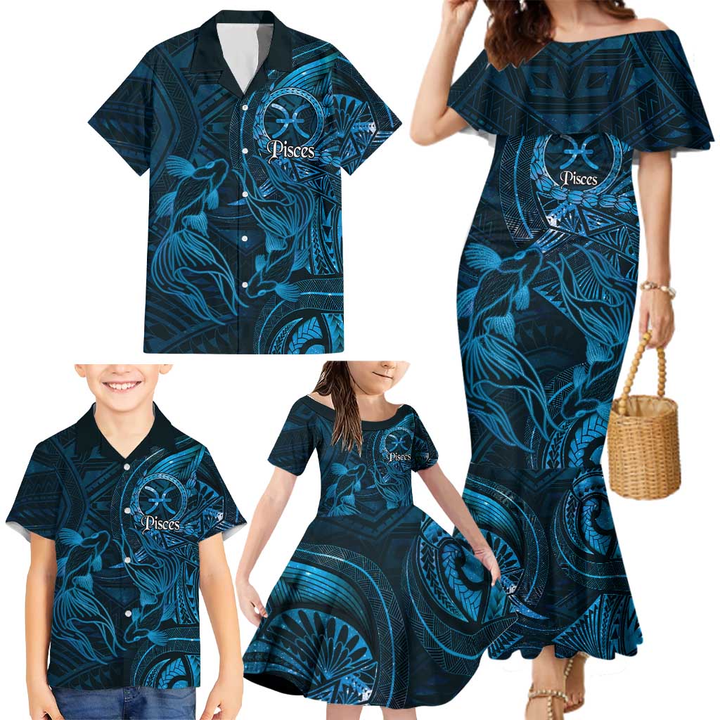 Personalised Polynesia Zodiac Pisces Family Matching Mermaid Dress and Hawaiian Shirt Galaxy Polynesian Pattern Chest Tattoo Style