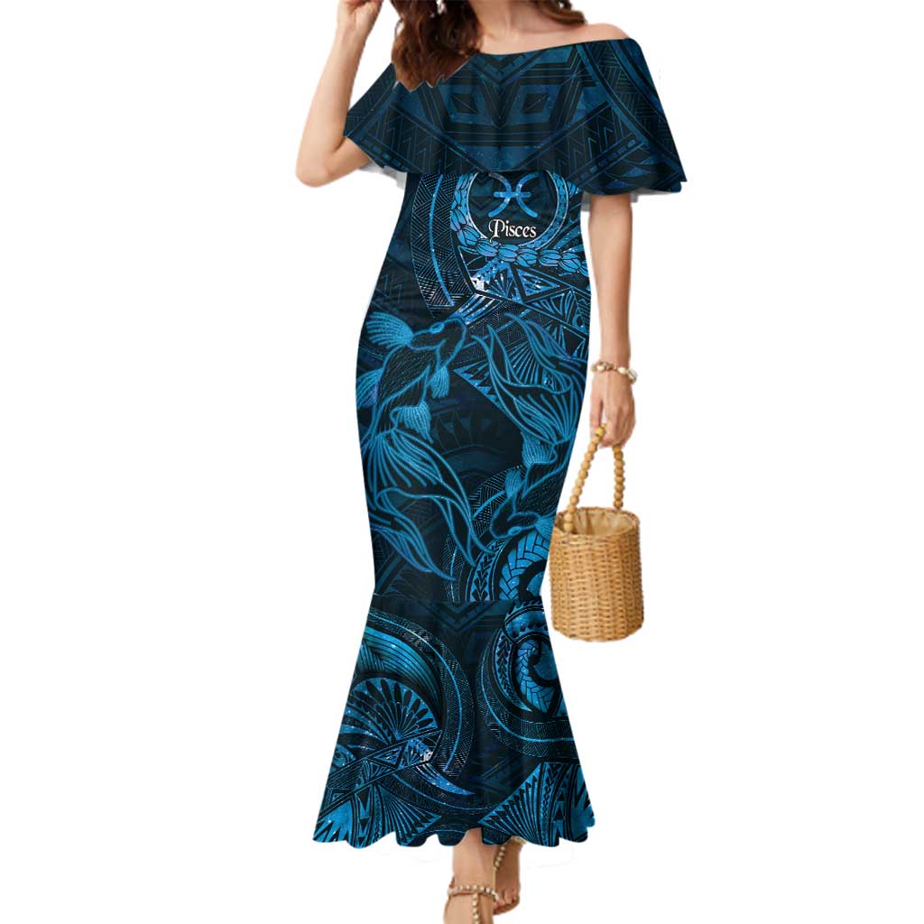 Personalised Polynesia Zodiac Pisces Family Matching Mermaid Dress and Hawaiian Shirt Galaxy Polynesian Pattern Chest Tattoo Style