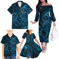Personalised Polynesia Zodiac Pisces Family Matching Off The Shoulder Long Sleeve Dress and Hawaiian Shirt Galaxy Polynesian Pattern Chest Tattoo Style