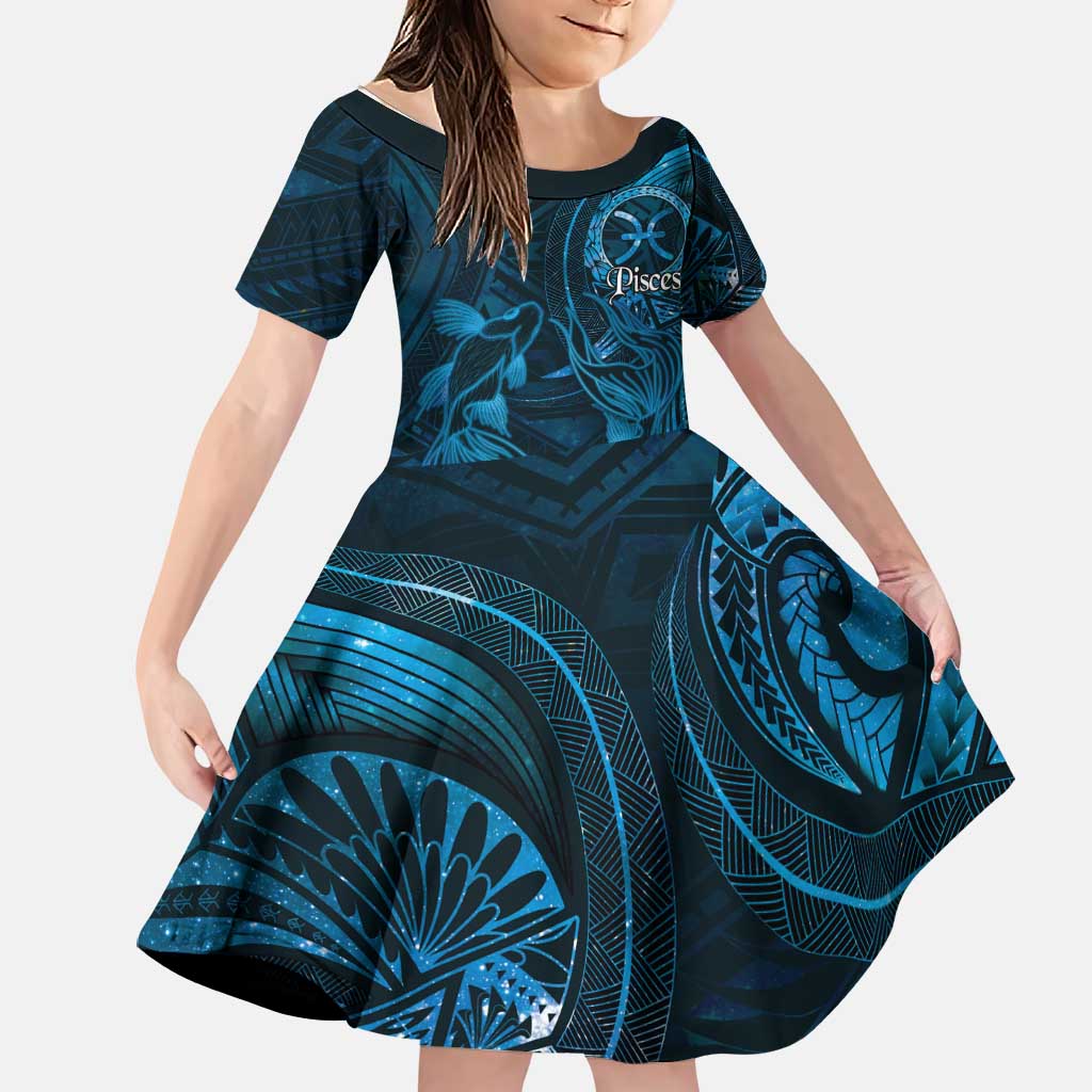 Personalised Polynesia Zodiac Pisces Family Matching Short Sleeve Bodycon Dress and Hawaiian Shirt Galaxy Polynesian Pattern Chest Tattoo Style