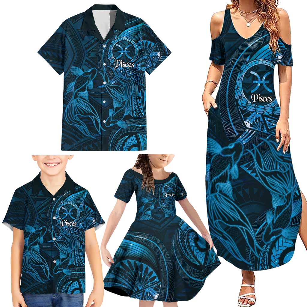 Personalised Polynesia Zodiac Pisces Family Matching Summer Maxi Dress and Hawaiian Shirt Galaxy Polynesian Pattern Chest Tattoo Style