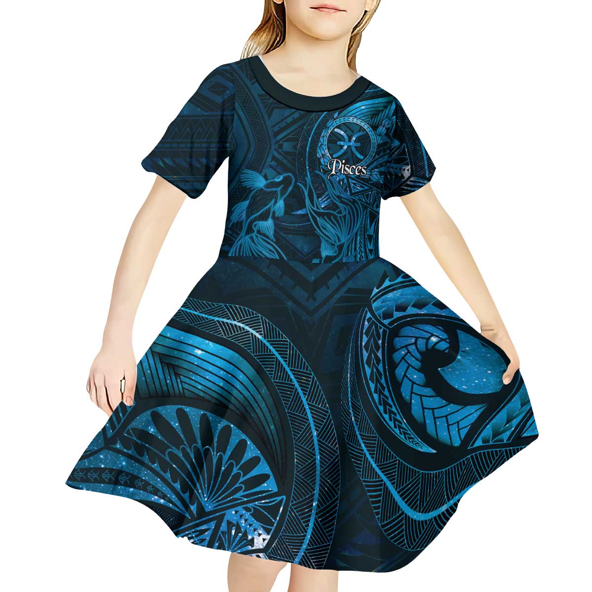 Personalised Polynesia Zodiac Pisces Kid Short Sleeve Dress Galaxy Polynesian Pattern Chest Tattoo Style