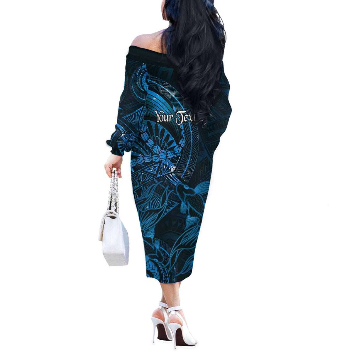 Personalised Polynesia Zodiac Pisces Off The Shoulder Long Sleeve Dress Galaxy Polynesian Pattern Chest Tattoo Style