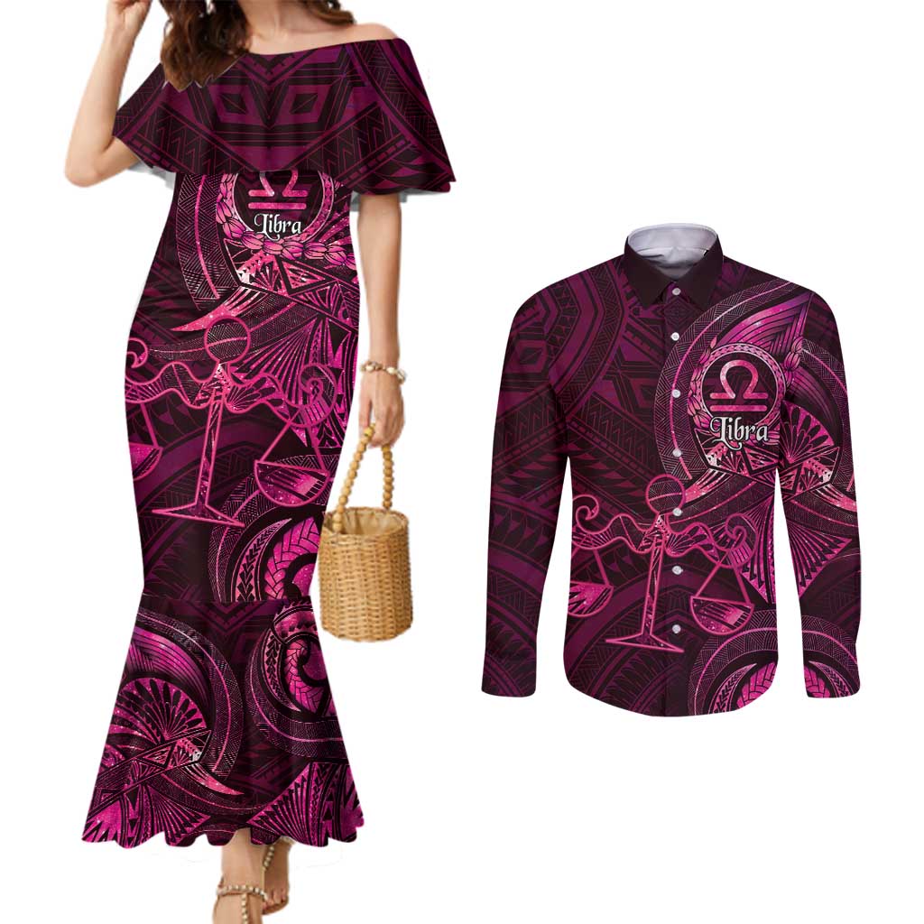 Personalised Polynesia Zodiac Libra Couples Matching Mermaid Dress and Long Sleeve Button Shirt Galaxy Polynesian Pattern Chest Tattoo Style