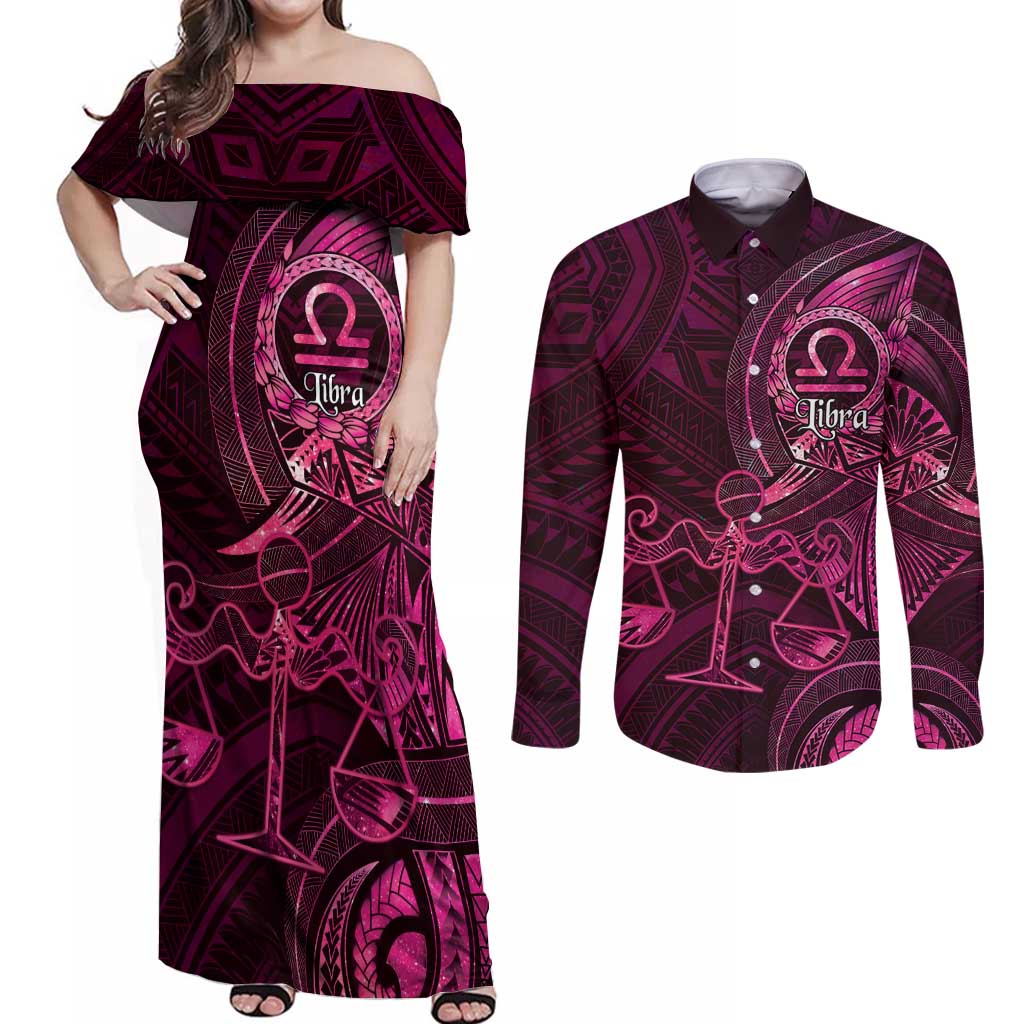 Personalised Polynesia Zodiac Libra Couples Matching Off Shoulder Maxi Dress and Long Sleeve Button Shirt Galaxy Polynesian Pattern Chest Tattoo Style