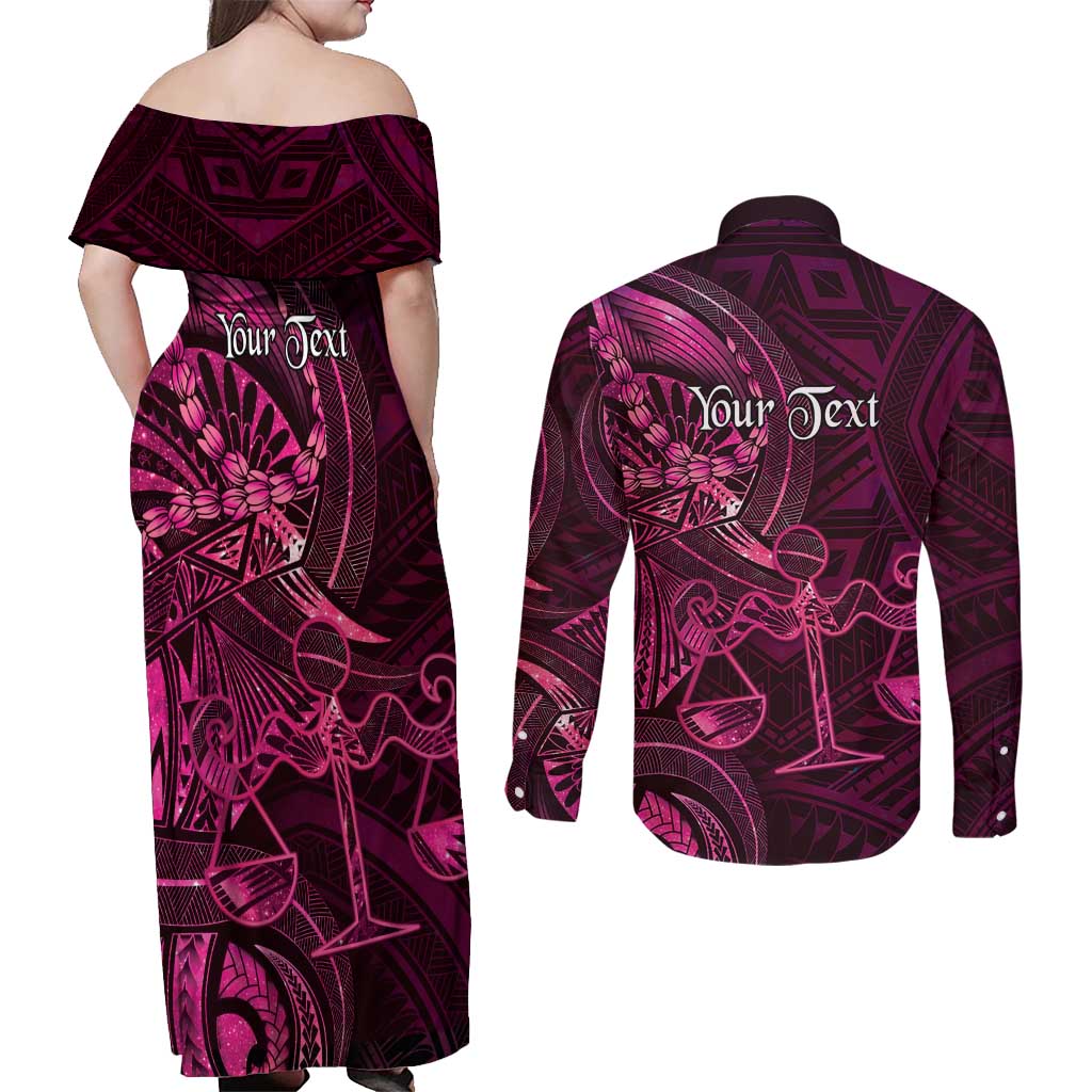 Personalised Polynesia Zodiac Libra Couples Matching Off Shoulder Maxi Dress and Long Sleeve Button Shirt Galaxy Polynesian Pattern Chest Tattoo Style