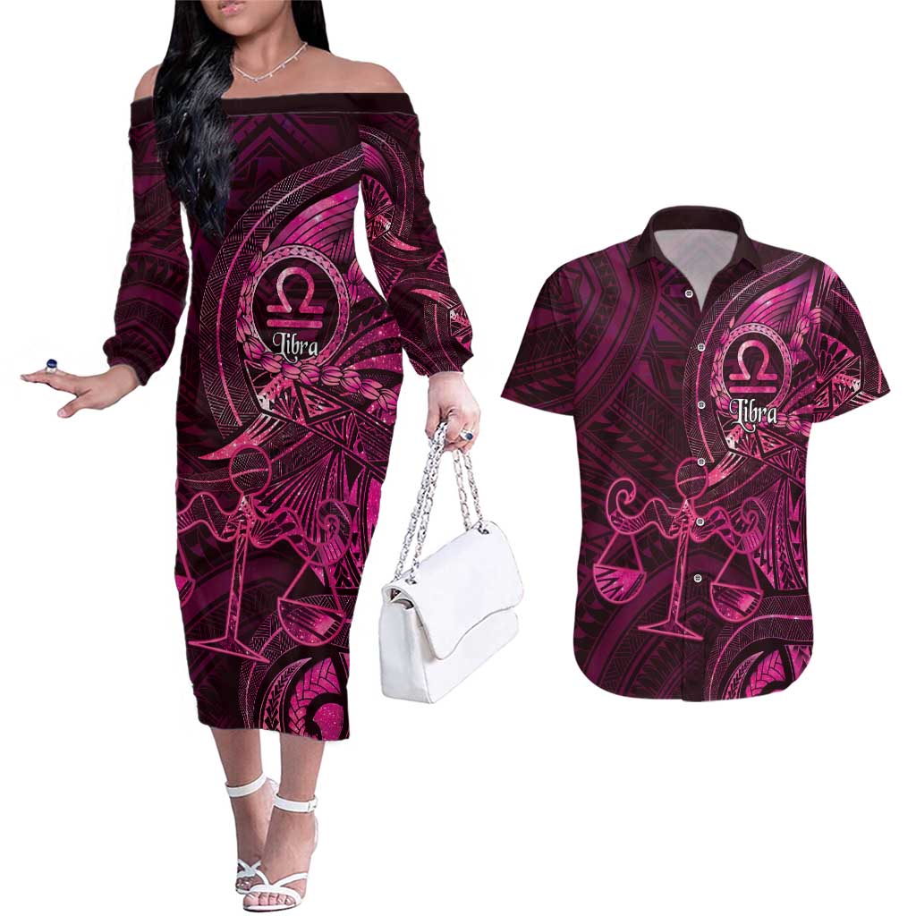 Personalised Polynesia Zodiac Libra Couples Matching Off The Shoulder Long Sleeve Dress and Hawaiian Shirt Galaxy Polynesian Pattern Chest Tattoo Style