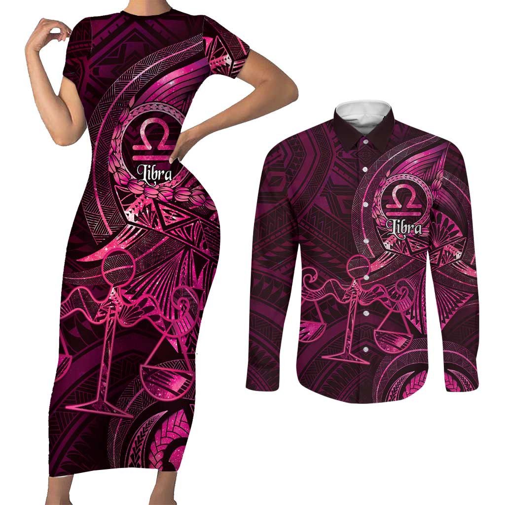 Personalised Polynesia Zodiac Libra Couples Matching Short Sleeve Bodycon Dress and Long Sleeve Button Shirt Galaxy Polynesian Pattern Chest Tattoo Style