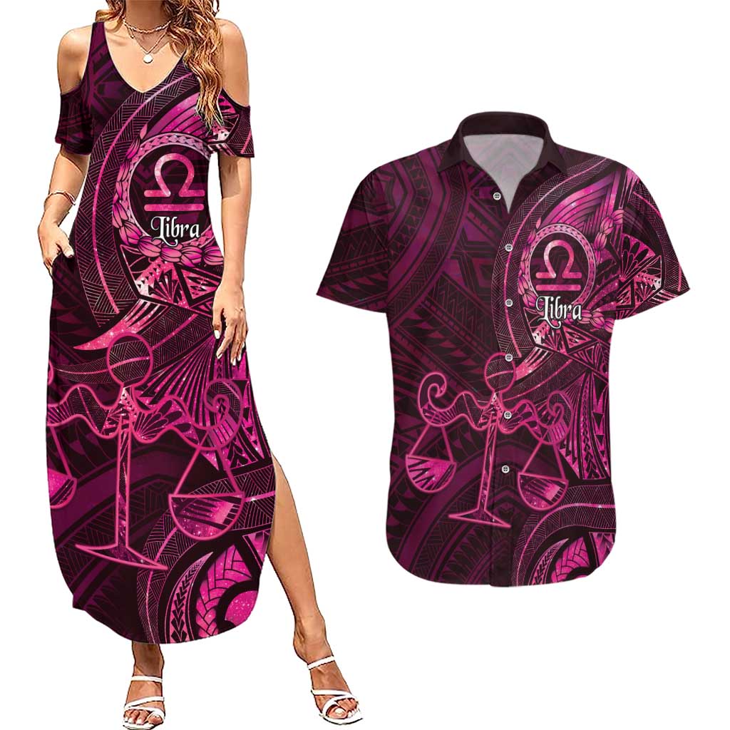 Personalised Polynesia Zodiac Libra Couples Matching Summer Maxi Dress and Hawaiian Shirt Galaxy Polynesian Pattern Chest Tattoo Style