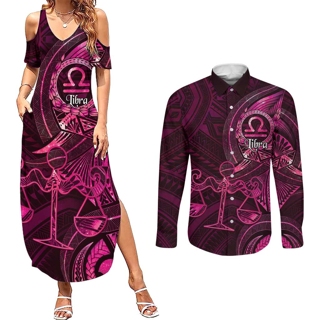 Personalised Polynesia Zodiac Libra Couples Matching Summer Maxi Dress and Long Sleeve Button Shirt Galaxy Polynesian Pattern Chest Tattoo Style