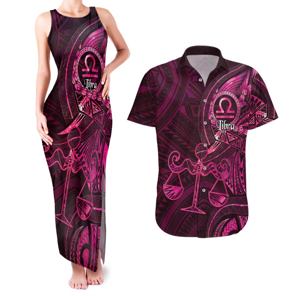 Personalised Polynesia Zodiac Libra Couples Matching Tank Maxi Dress and Hawaiian Shirt Galaxy Polynesian Pattern Chest Tattoo Style