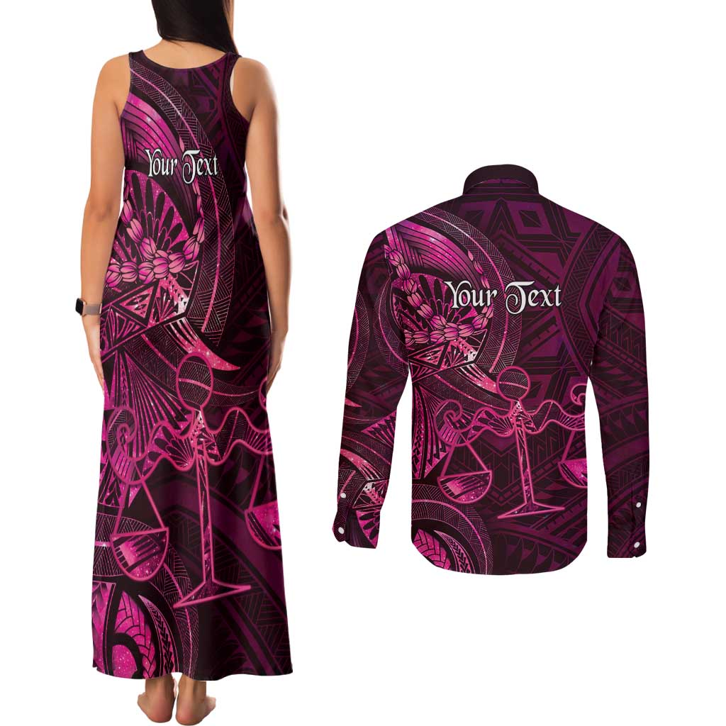 Personalised Polynesia Zodiac Libra Couples Matching Tank Maxi Dress and Long Sleeve Button Shirt Galaxy Polynesian Pattern Chest Tattoo Style