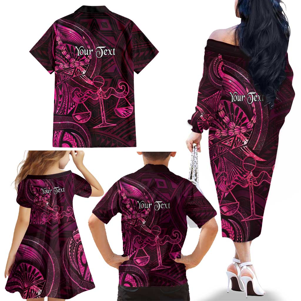 Personalised Polynesia Zodiac Libra Family Matching Off The Shoulder Long Sleeve Dress and Hawaiian Shirt Galaxy Polynesian Pattern Chest Tattoo Style