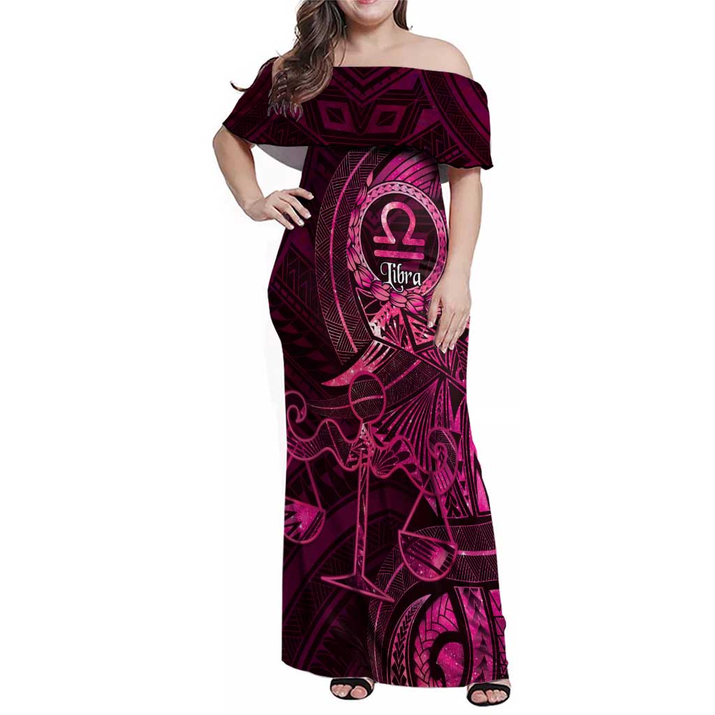 Personalised Polynesia Zodiac Libra Family Matching Off Shoulder Maxi Dress and Hawaiian Shirt Galaxy Polynesian Pattern Chest Tattoo Style