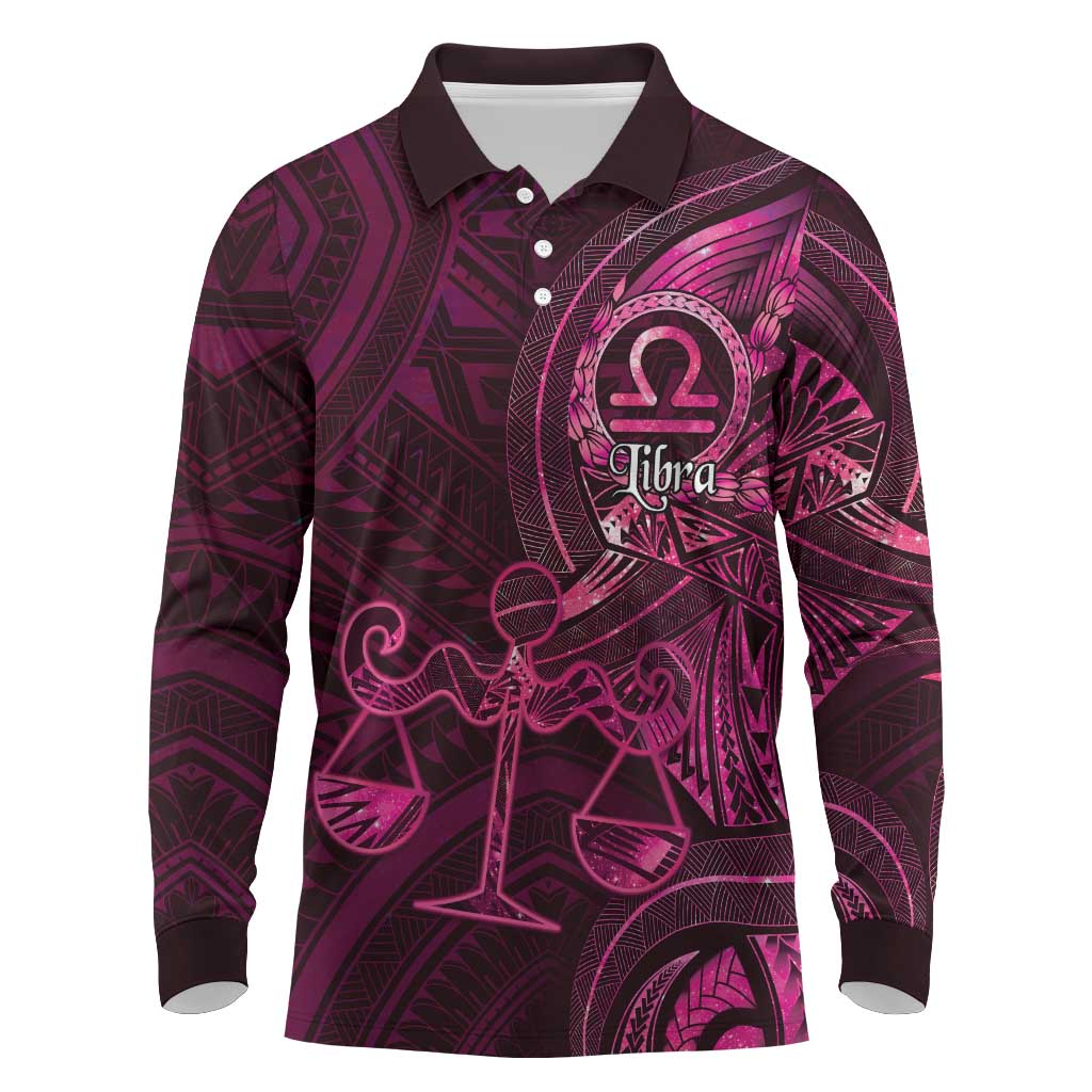 Personalised Polynesia Zodiac Libra Long Sleeve Polo Shirt Galaxy Polynesian Pattern Chest Tattoo Style