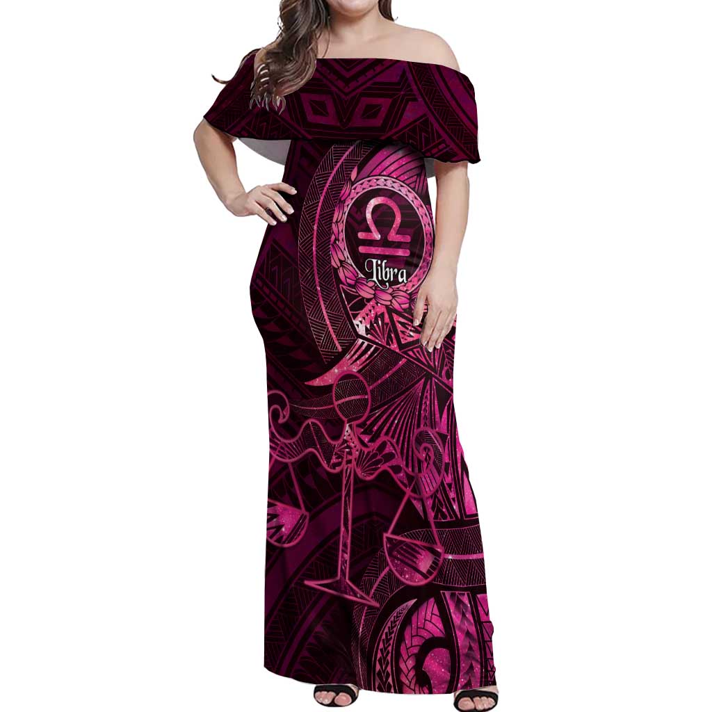 Personalised Polynesia Zodiac Libra Off Shoulder Maxi Dress Galaxy Polynesian Pattern Chest Tattoo Style