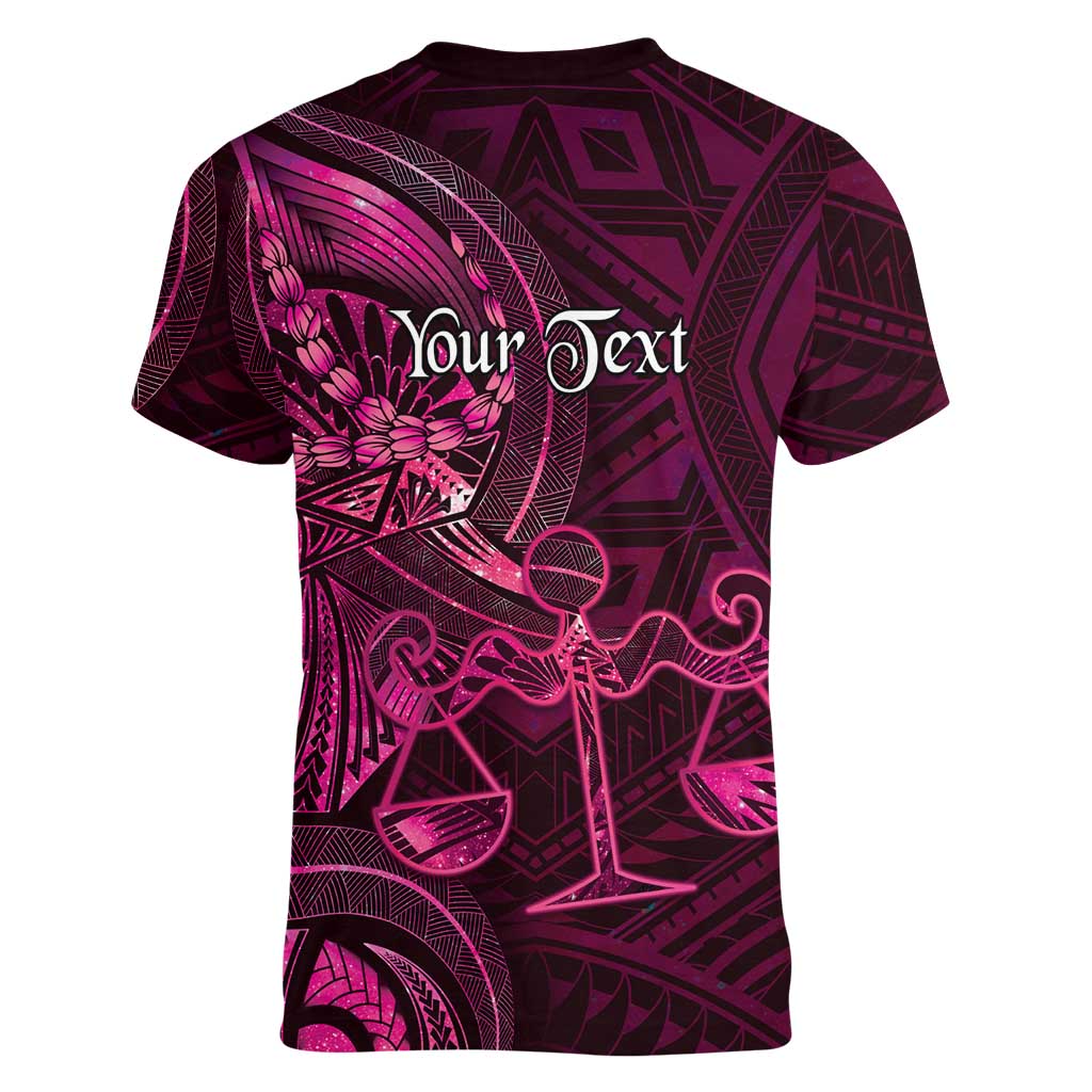 Personalised Polynesia Zodiac Libra Women V-Neck T-Shirt Galaxy Polynesian Pattern Chest Tattoo Style