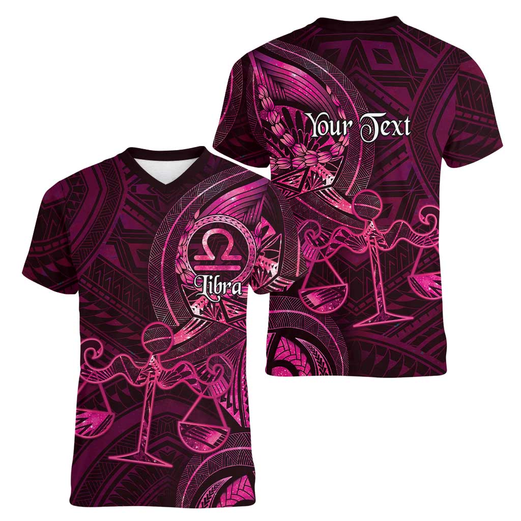 Personalised Polynesia Zodiac Libra Women V-Neck T-Shirt Galaxy Polynesian Pattern Chest Tattoo Style