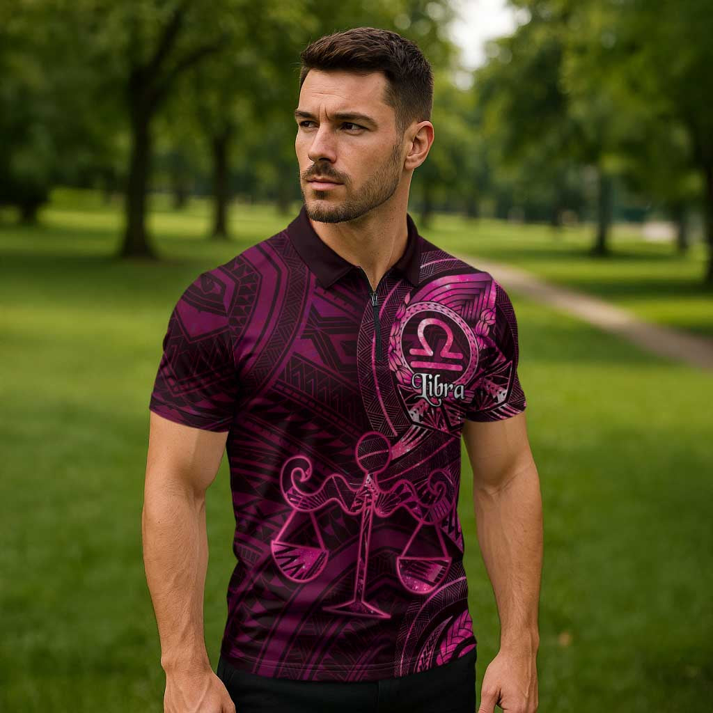 Personalised Polynesia Zodiac Libra Zipper Polo Shirt Galaxy Polynesian Pattern Chest Tattoo Style