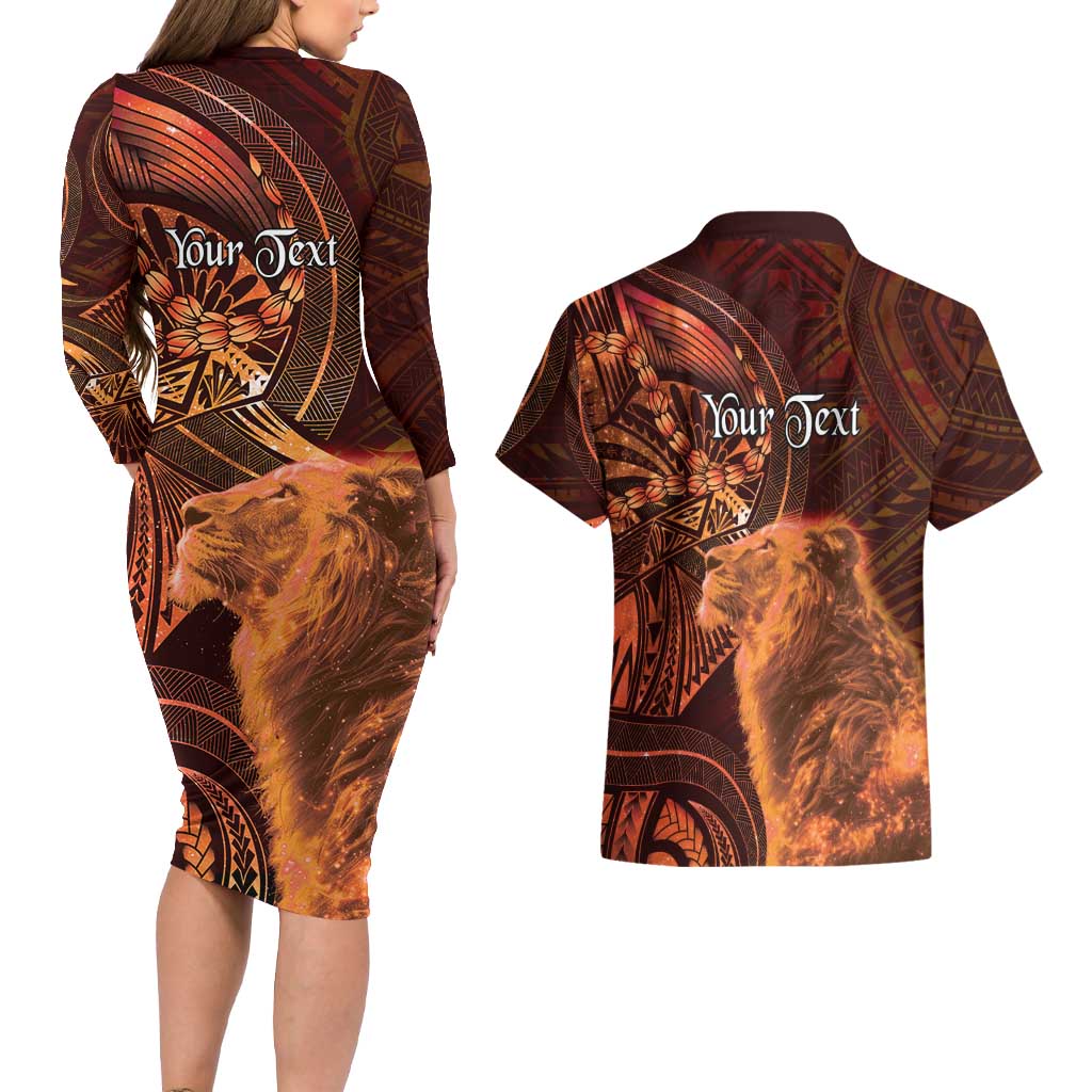 Personalised Polynesia Zodiac Leo Couples Matching Long Sleeve Bodycon Dress and Hawaiian Shirt Galaxy Polynesian Pattern Chest Tattoo Style