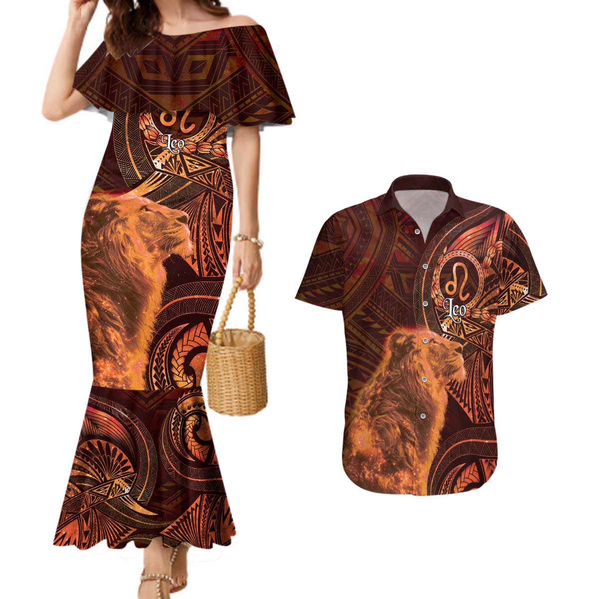Personalised Polynesia Zodiac Leo Couples Matching Mermaid Dress and Hawaiian Shirt Galaxy Polynesian Pattern Chest Tattoo Style