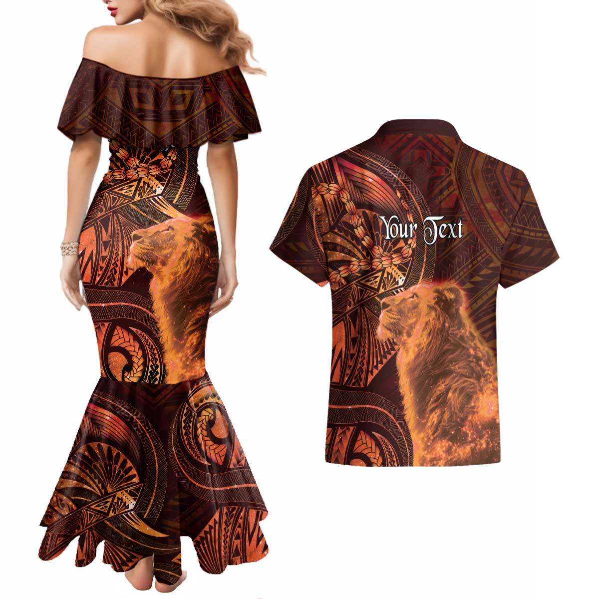 Personalised Polynesia Zodiac Leo Couples Matching Mermaid Dress and Hawaiian Shirt Galaxy Polynesian Pattern Chest Tattoo Style
