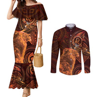 Personalised Polynesia Zodiac Leo Couples Matching Mermaid Dress and Long Sleeve Button Shirt Galaxy Polynesian Pattern Chest Tattoo Style