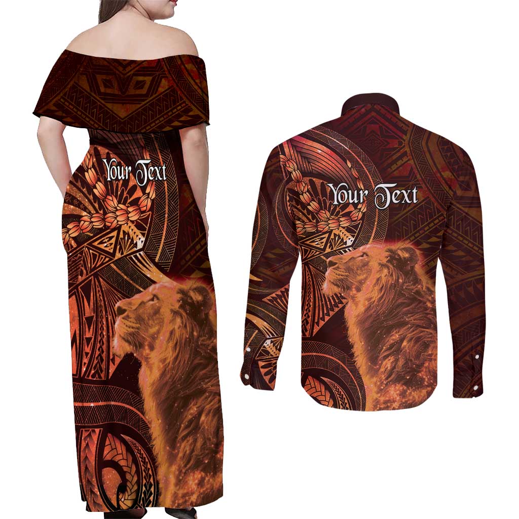 Personalised Polynesia Zodiac Leo Couples Matching Off Shoulder Maxi Dress and Long Sleeve Button Shirt Galaxy Polynesian Pattern Chest Tattoo Style
