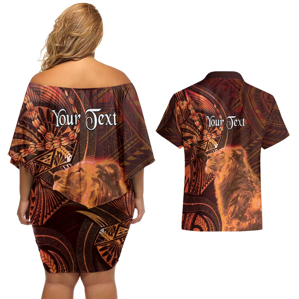 Personalised Polynesia Zodiac Leo Couples Matching Off Shoulder Short Dress and Hawaiian Shirt Galaxy Polynesian Pattern Chest Tattoo Style