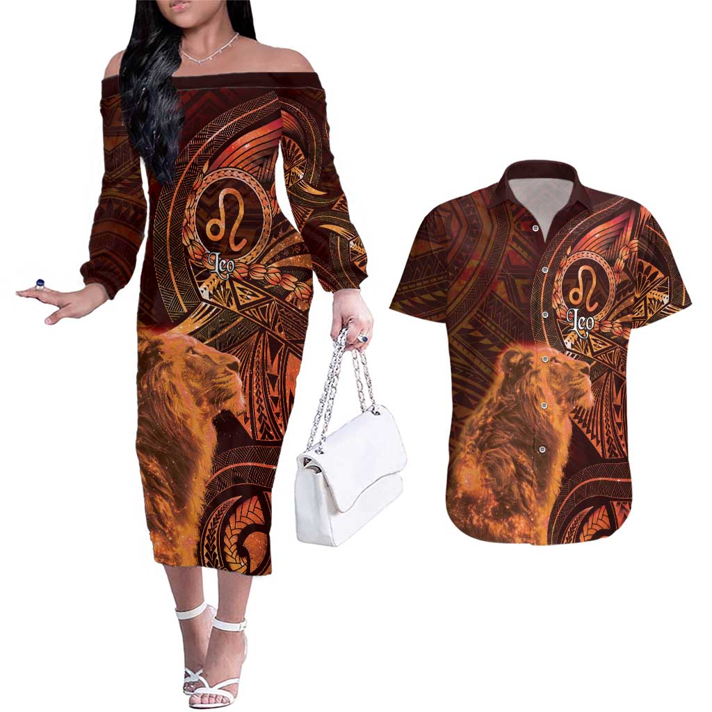 Personalised Polynesia Zodiac Leo Couples Matching Off The Shoulder Long Sleeve Dress and Hawaiian Shirt Galaxy Polynesian Pattern Chest Tattoo Style