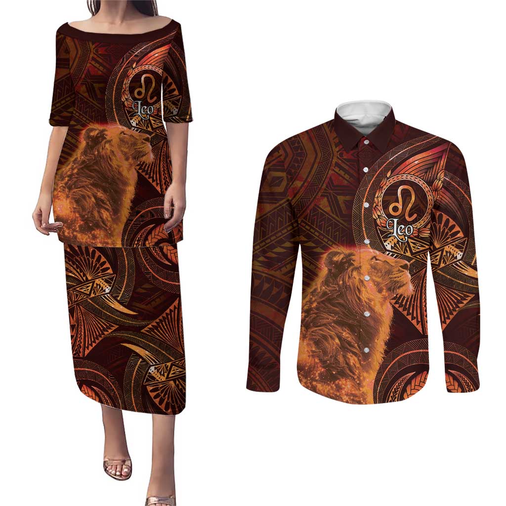 Personalised Polynesia Zodiac Leo Couples Matching Puletasi and Long Sleeve Button Shirt Galaxy Polynesian Pattern Chest Tattoo Style