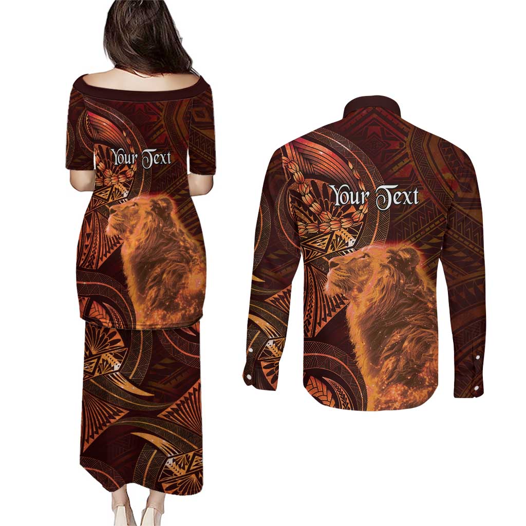 Personalised Polynesia Zodiac Leo Couples Matching Puletasi and Long Sleeve Button Shirt Galaxy Polynesian Pattern Chest Tattoo Style