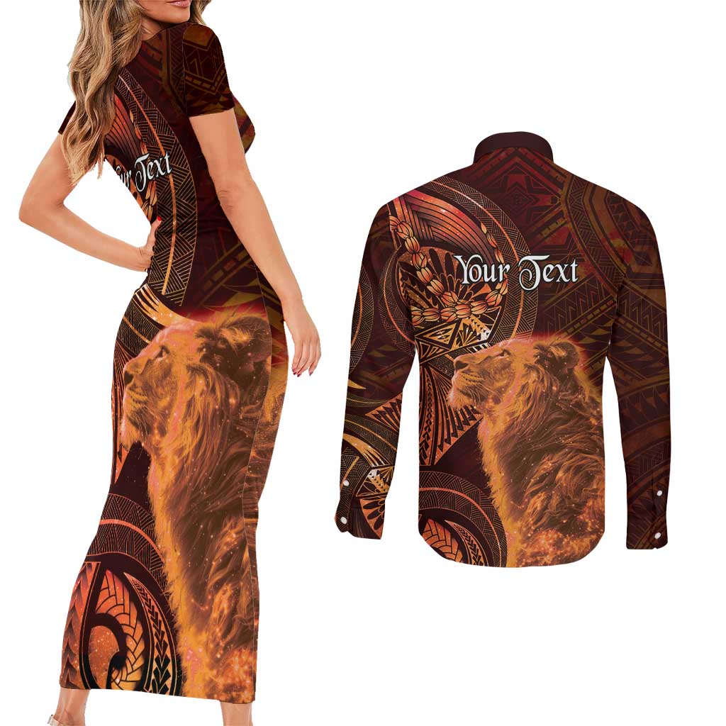 Personalised Polynesia Zodiac Leo Couples Matching Short Sleeve Bodycon Dress and Long Sleeve Button Shirt Galaxy Polynesian Pattern Chest Tattoo Style