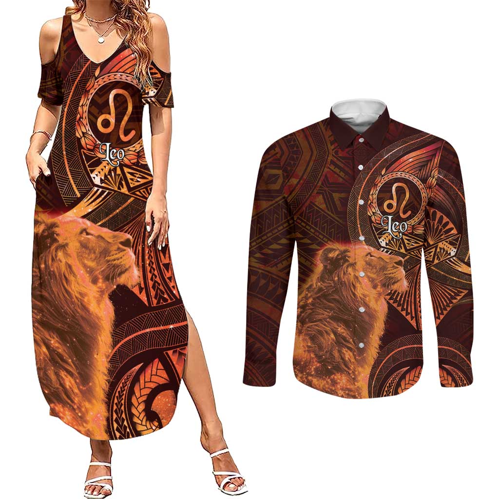Personalised Polynesia Zodiac Leo Couples Matching Summer Maxi Dress and Long Sleeve Button Shirt Galaxy Polynesian Pattern Chest Tattoo Style