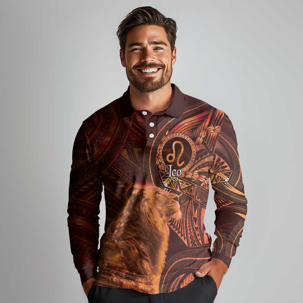 Personalised Polynesia Zodiac Leo Long Sleeve Polo Shirt Galaxy Polynesian Pattern Chest Tattoo Style