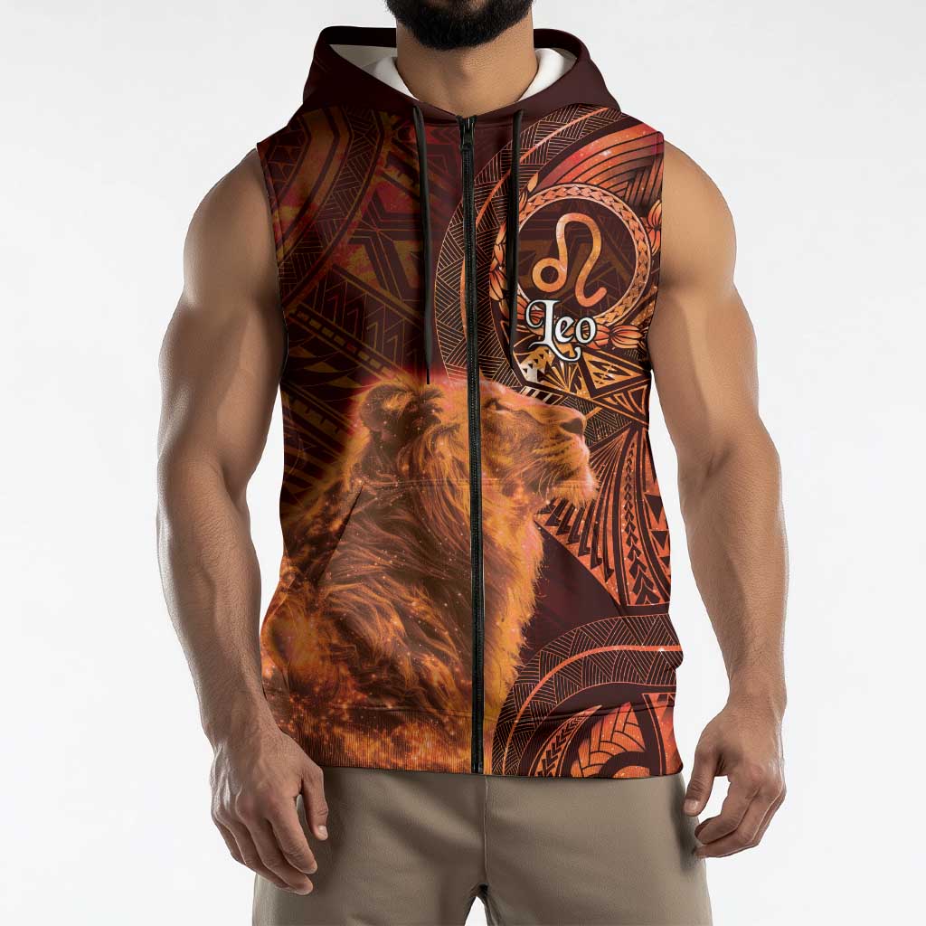 Personalised Polynesia Zodiac Leo Sleeveless Zip Hoodie Galaxy Polynesian Pattern Chest Tattoo Style