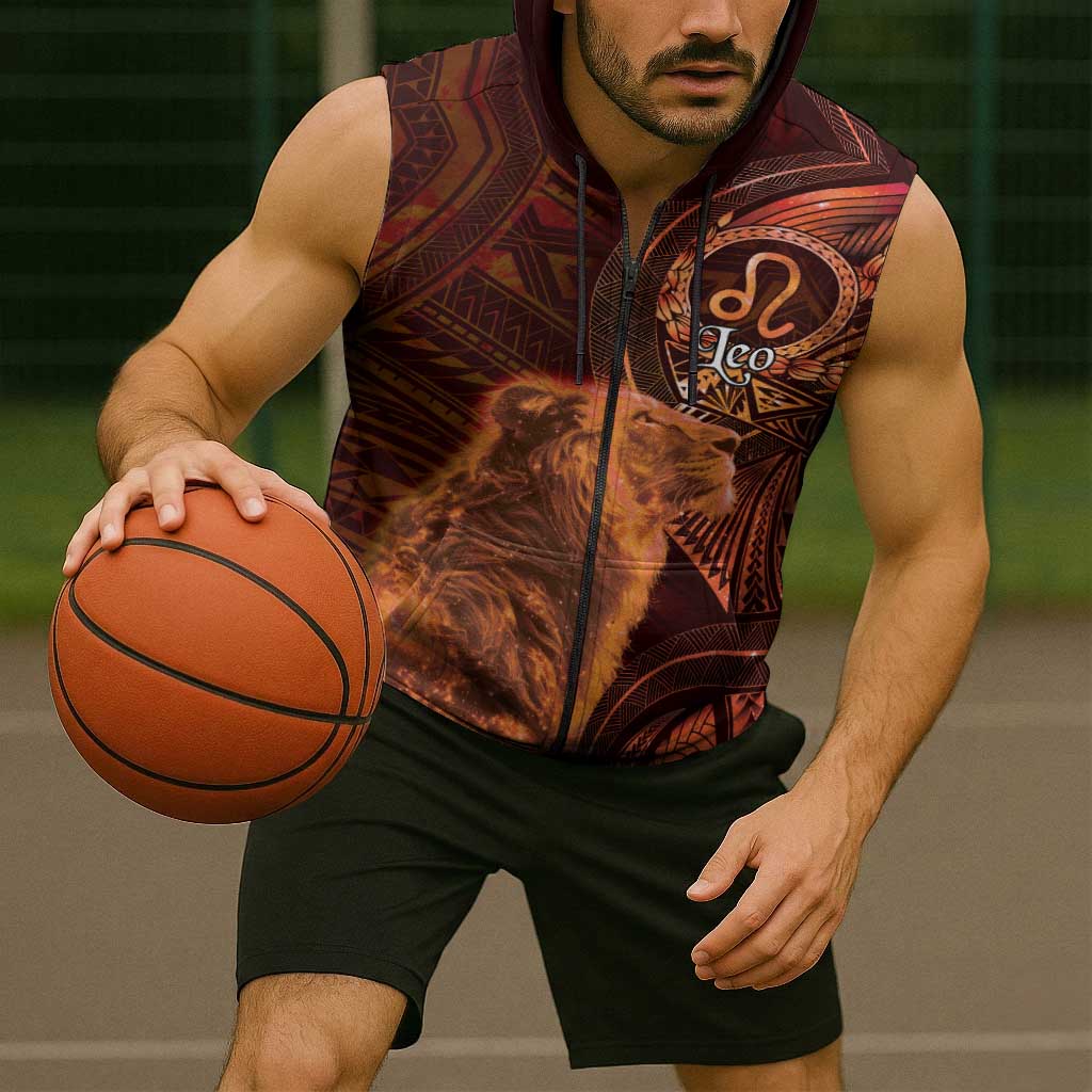 Personalised Polynesia Zodiac Leo Sleeveless Zip Hoodie Galaxy Polynesian Pattern Chest Tattoo Style