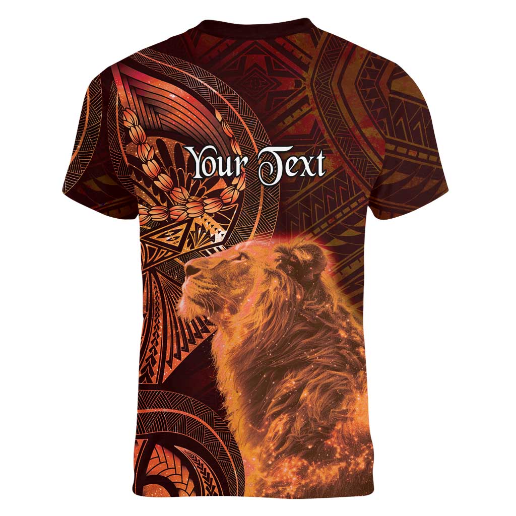 Personalised Polynesia Zodiac Leo Women V-Neck T-Shirt Galaxy Polynesian Pattern Chest Tattoo Style