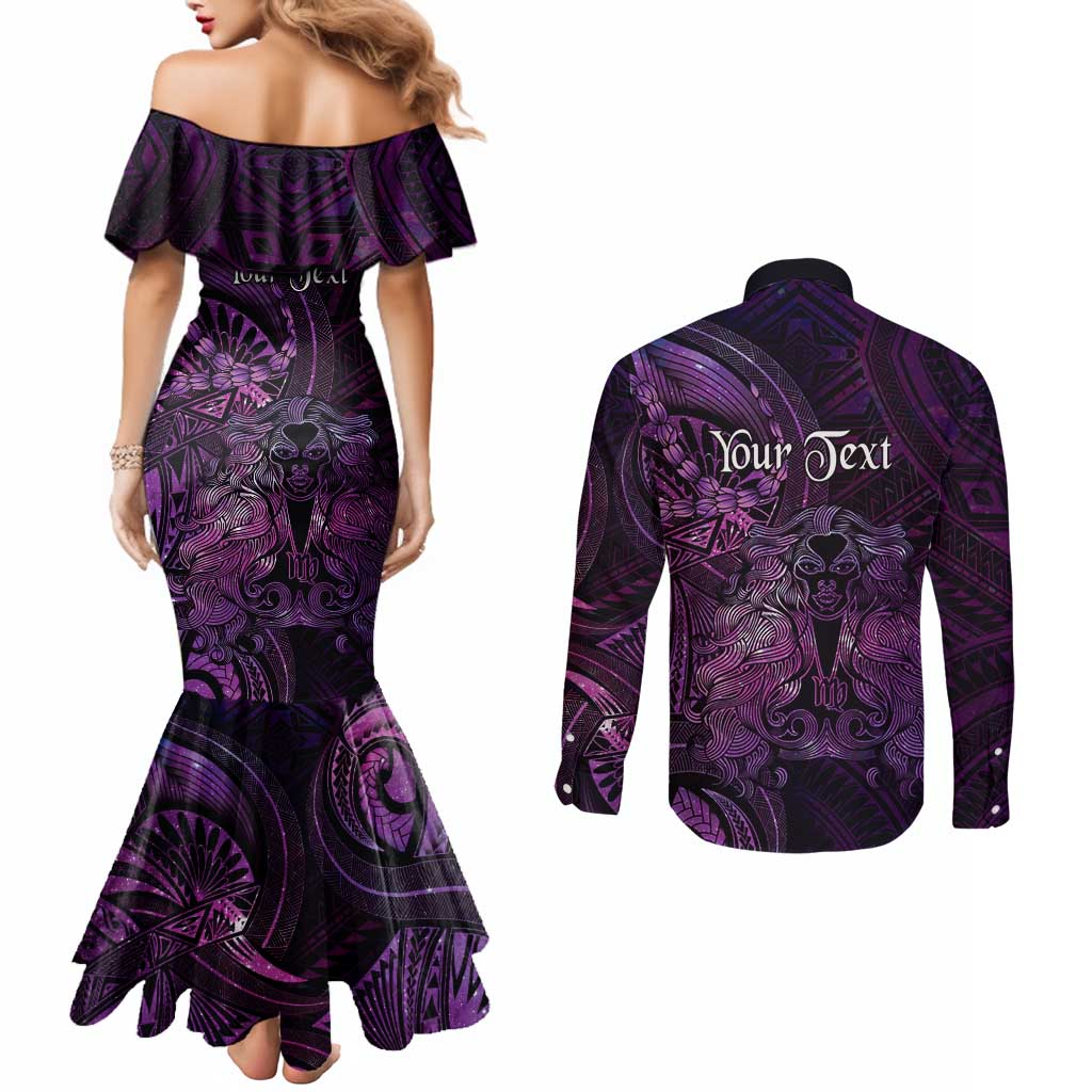 Personalised Polynesia Zodiac Virgo Couples Matching Mermaid Dress and Long Sleeve Button Shirt Galaxy Polynesian Pattern Chest Tattoo Style