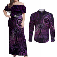 Personalised Polynesia Zodiac Virgo Couples Matching Off Shoulder Maxi Dress and Long Sleeve Button Shirt Galaxy Polynesian Pattern Chest Tattoo Style