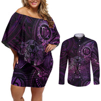 Personalised Polynesia Zodiac Virgo Couples Matching Off Shoulder Short Dress and Long Sleeve Button Shirt Galaxy Polynesian Pattern Chest Tattoo Style
