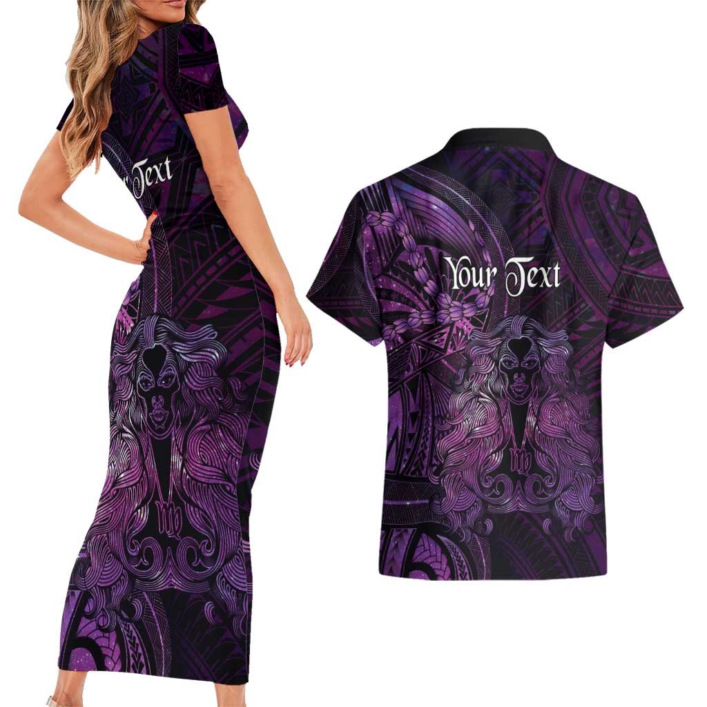 Personalised Polynesia Zodiac Virgo Couples Matching Short Sleeve Bodycon Dress and Hawaiian Shirt Galaxy Polynesian Pattern Chest Tattoo Style